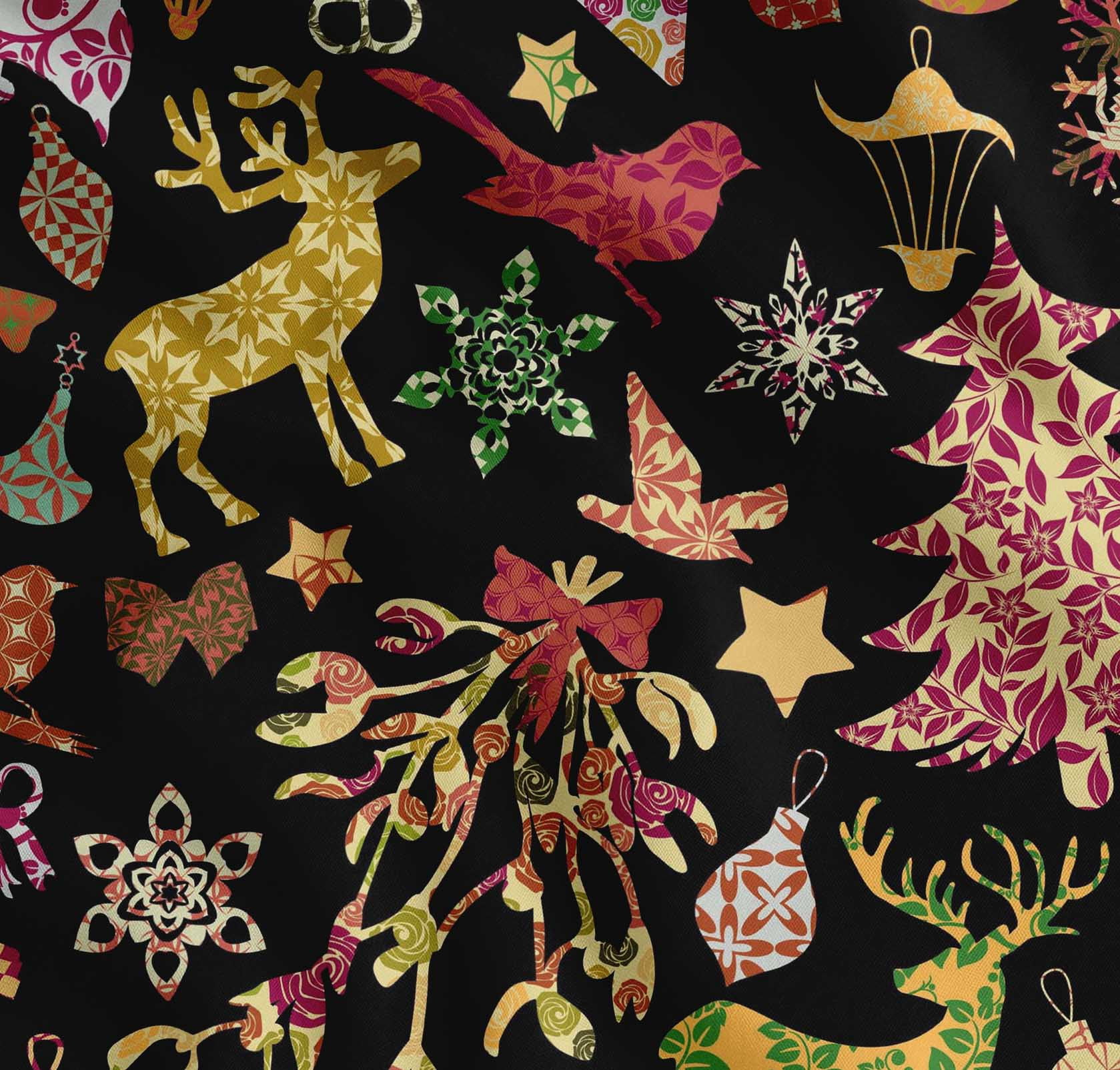 Soimoi Black Cotton Voile Fabric Reindeer,Oranaments & Tree Christmas Print Fabric by the Yard 42 Inch Wide