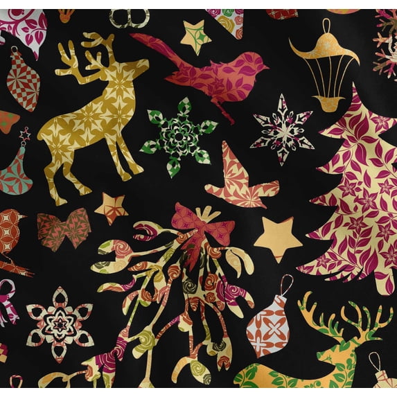 Soimoi Black Cotton Voile Fabric Reindeer,Oranaments & Tree Christmas Print Fabric by the Yard 42 Inch Wide