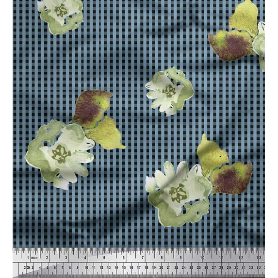 Soimoi Black Cotton Voile Fabric Watercolor Flower & Check Print Fabric by Yard 42 Inch Wide
