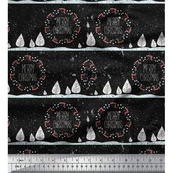 Soimoi Black Georgette Viscose Fabric Red Berries & Merry Christmas Text Print Fabric by the Yard 42 Inch Wide