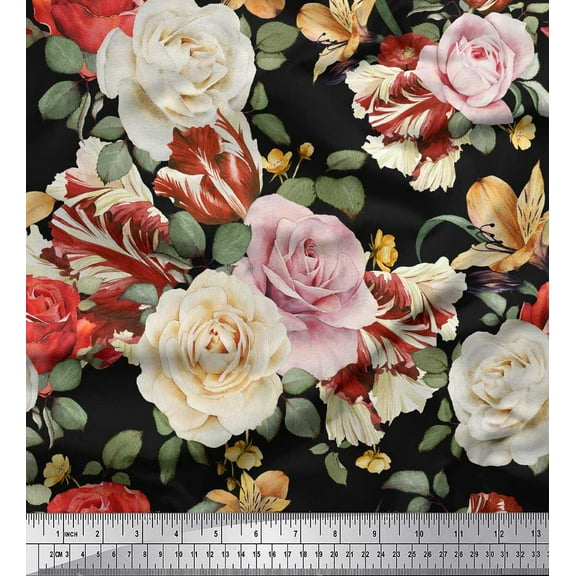 Soimoi Black Heavy Canvas Fabric Leaves & Rose Floral Print Fabric by Yard 58 Inch Wide
