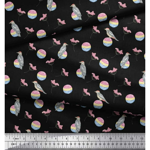Soimoi Black Heavy Canvas Fabric Red Berries & Woodpecker Bird Print Fabric by the Yard 58 Inch Wide