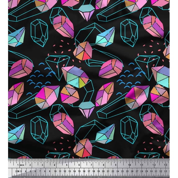 Soimoi Black Heavy Satin Fabric Stone & Diamond Geometric Decor Fabric Printed Yard 54 Inch Wide