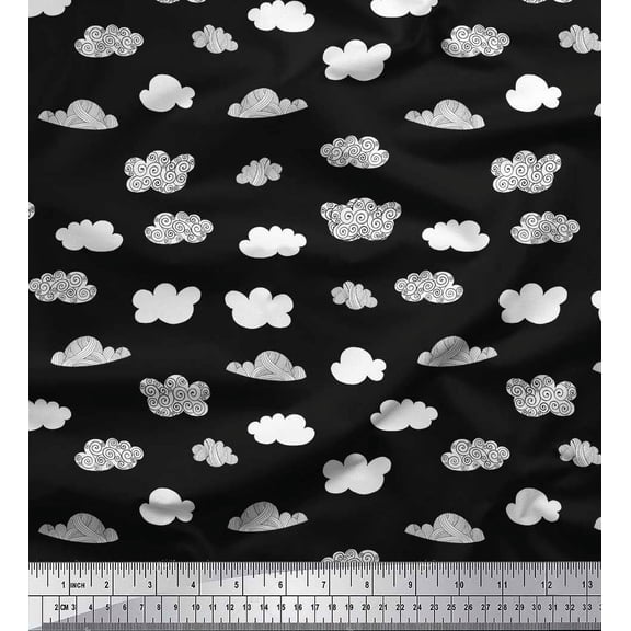 Soimoi Black Japan Crepe Satin Fabric Cloud Nature Printed Fabric 1 Yard 42 Inch Wide