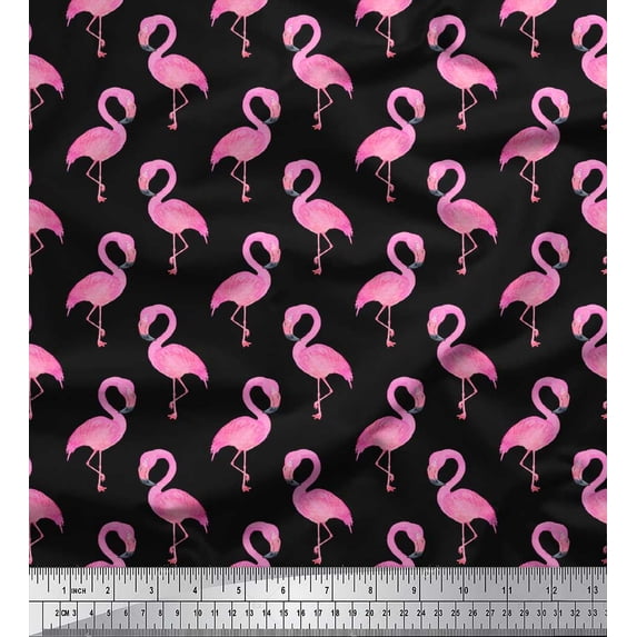 Soimoi Black Japan Crepe Satin Fabric Flamingo Bird Print Fabric by the Yard 42 Inch Wide