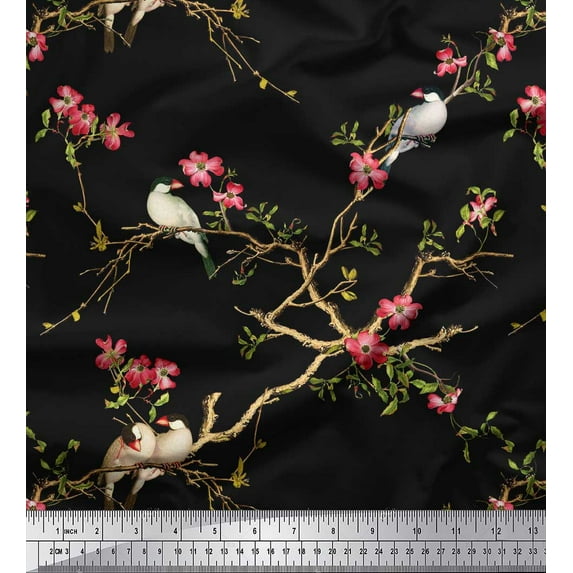 Soimoi Black Moss Georgette Fabric Floral & Franklin Gull Bird Print Fabric by the Yard 42 Inch Wide