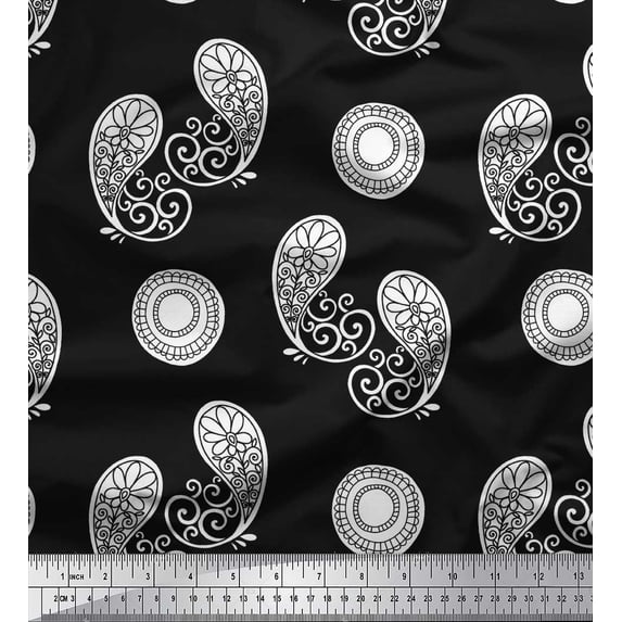 Soimoi Black Moss Georgette Fabric Floral & Paisley Printed Fabric 1 Yard 42 Inch Wide