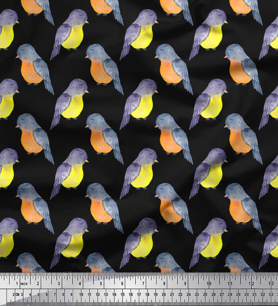 Poly Robi Soimoi Black Poly Georgette Fabric American Robin Bird Print Fabric by ...