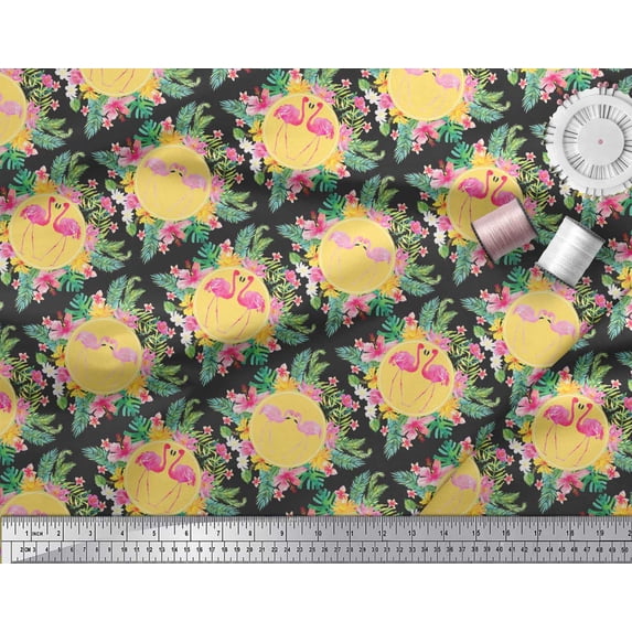 Soimoi Black Poly Georgette Fabric Flamingo & Bird Print Fabric by the Yard 52 Inch Wide