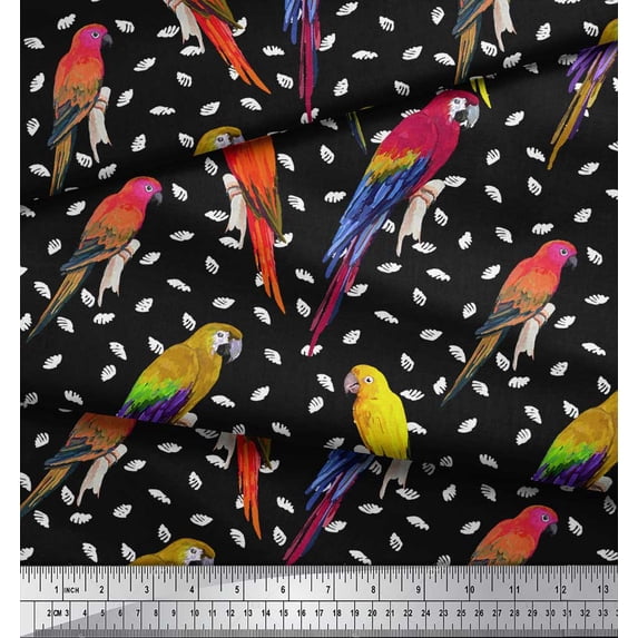 Soimoi Black Poly Georgette Fabric Macaw Parrot Bird Printed Fabric 1 Yard 52 Inch Wide