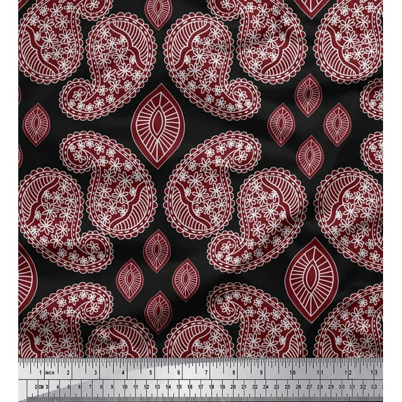 Soimoi Black Poly Georgette Fabric Maroon Paisley Print Fabric by Yard 52 Inch Wide
