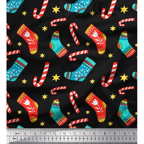 Soimoi Black Poly Georgette Fabric Socks & Candy Cane Kids Fabric Prints By Yard 42 Inch Wide