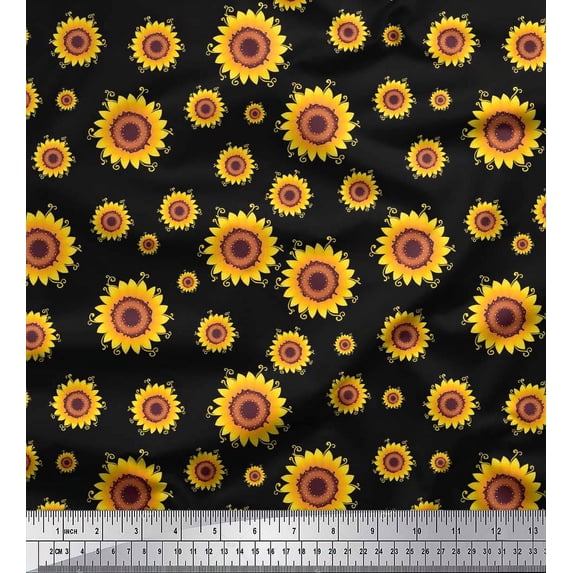 Soimoi Black Poly Georgette Fabric Sunflower Floral Fabric Prints By Yard 42 Inch Wide