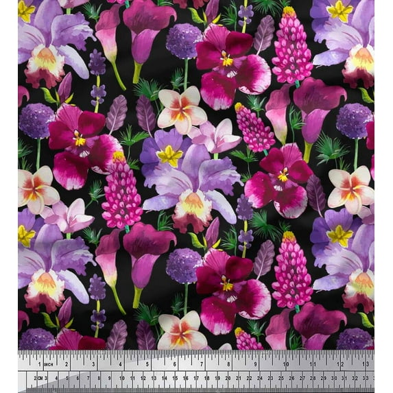 Soimoi Black Rayon Fabric Pink & Purple Floral Watercolor Printed Fabric 1 Yard 56 Inch Wide