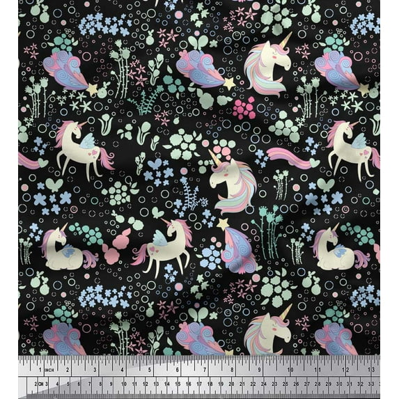 Soimoi Black Rayon Fabric Unicorn & Floral Print Fabric by the Yard 42 Inch Wide