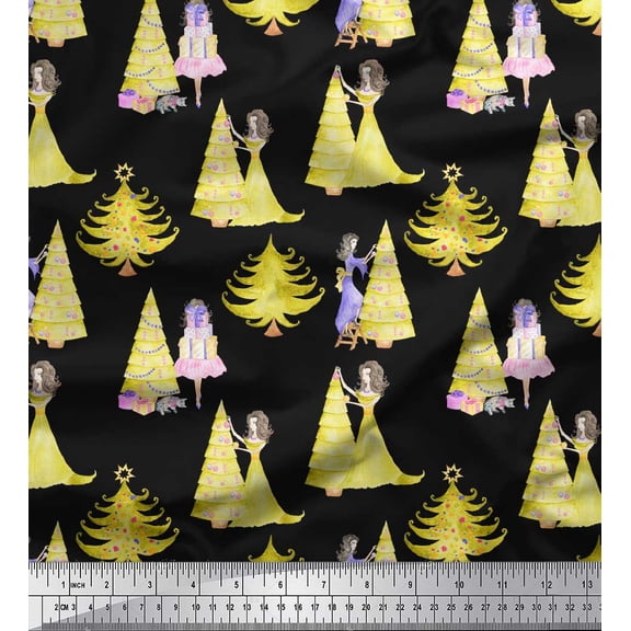 Soimoi Black Rayon Fabric Women,Gift Box & Tree Christmas Printed Fabric 1 Yard 42 Inch Wide