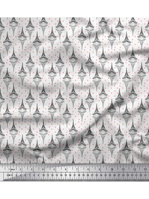 Black Satin Silk Fabric Arrow,Heart & Eiffel Tower Architectural Print Fabric by the Yard 42 Inch Wide