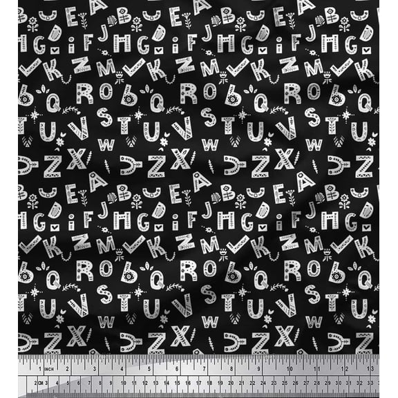 Soimoi Black Silk Fabric Alphabet Text Print Sewing Fabric Yard 44 Inch Wide