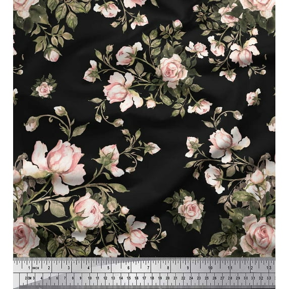 Soimoi Black Silk Fabric Leaves & Rose Floral Print Sewing Fabric Yard 42 Inch Wide