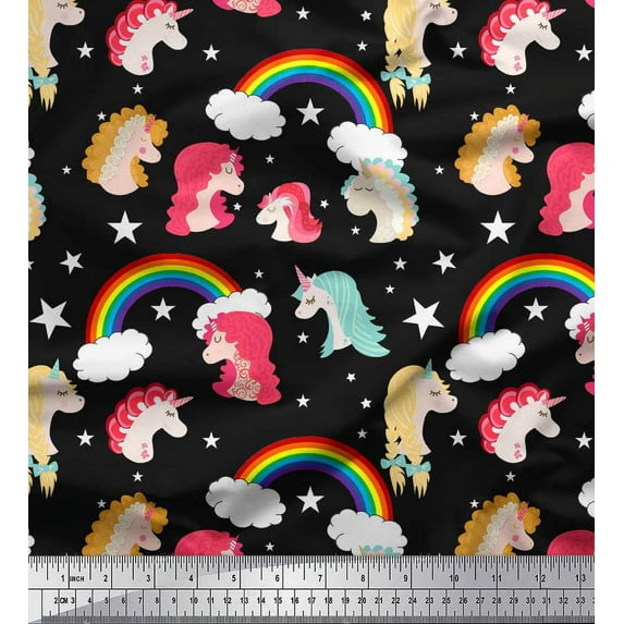 Soimoi Black Silk Fabric Rainbow & Unicorn Face Print Fabric by the Yard 42 Inch Wide