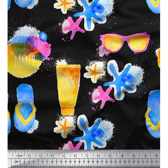 Soimoi Black Silk Fabric Star,Slippers & Goggles Summer Designs Decor Fabric Printed Yard 42 Inch Wide