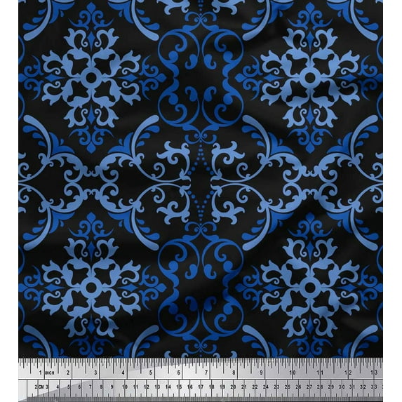 Soimoi Black Silk Fabric Vector Design Damask Print Fabric by Yard 44 Inch Wide