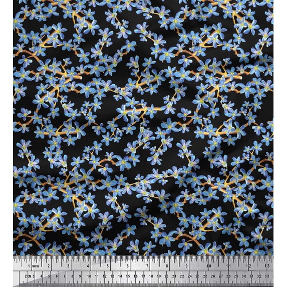 Soimoi Black Velvet Fabric Forget Me Not Bush Floral Decor Fabric Printed 1 Yard 60 Inch Wide