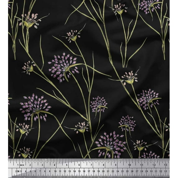Soimoi Black Velvet Fabric Grass & Wildflower Floral Printed Craft Fabric by the Yard 58 Inch Wide