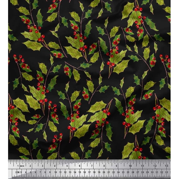 Soimoi Black Velvet Fabric Red Berries & Holly Leaves Decor Fabric Printed Yard 58 Inch Wide