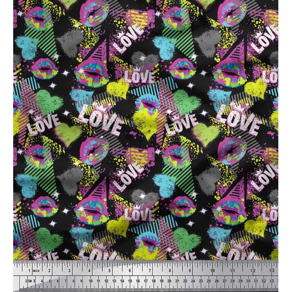 Soimoi Black Velvet Fabric Text,Lips & Heart Printed Fabric 1 Yard 58 Inch Wide