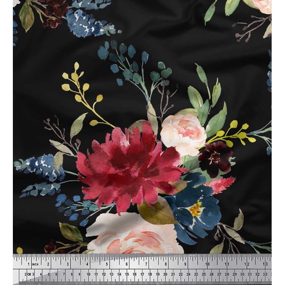 Soimoi Black Viscose Chiffon Fabric Leaves & Peony Floral Print Fabric by the Yard 42 Inch Wide