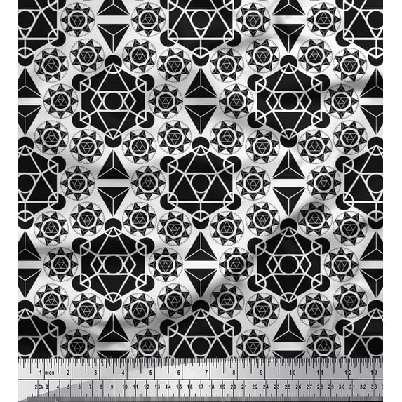 Soimoi Black Viscose Chiffon Fabric Sacred Geometric Printed Fabric 1 Yard 42 Inch Wide