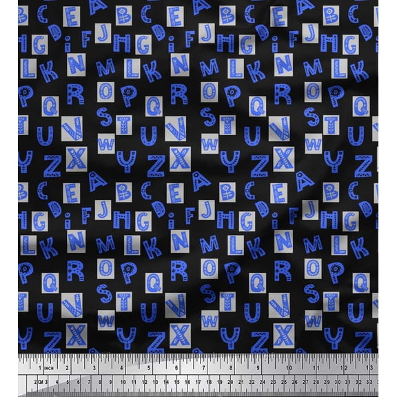 Soimoi Black polyester Crepe Fabric Alphabet Text Decor Fabric Printed Yard 42 Inch Wide