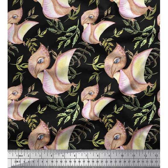 Soimoi Black polyester Crepe Fabric Dinosaurs & Leaves Kids Print Fabric by the Yard 42 Inch Wide