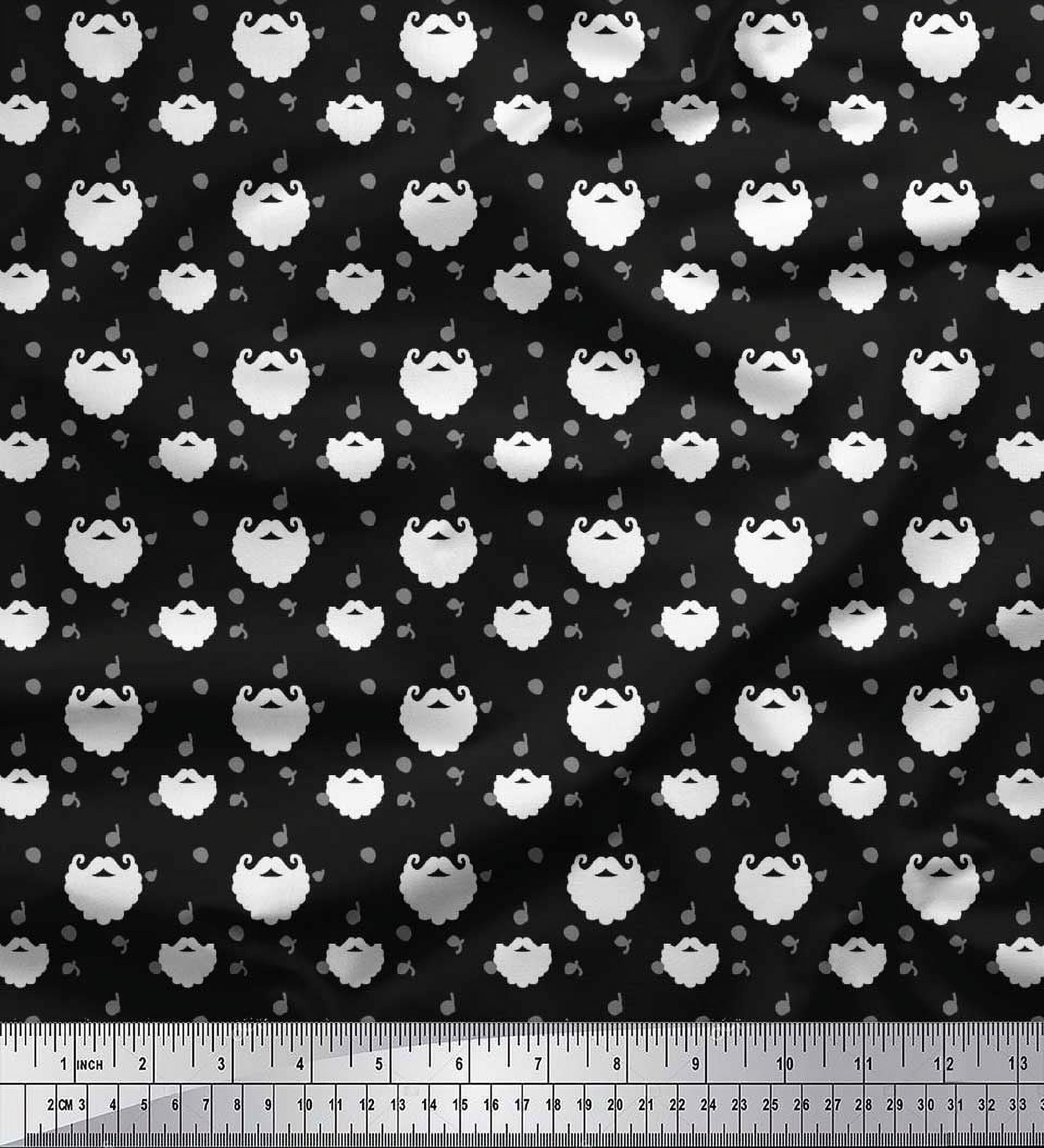 Soimoi Black polyester Crepe Fabric Dot & Santa Moustache Christmas Printed Fabric 1 Yard 42 Inch Wide