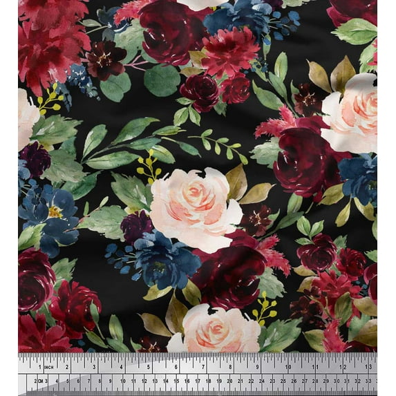 Soimoi Black polyester Crepe Fabric Leaves & Peony Floral Printed Fabric 1 Yard 52 Inch Wide