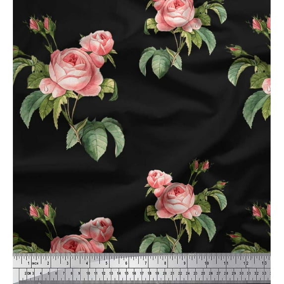 Soimoi Black polyester Crepe Fabric Leaves & Rose Floral Print Fabric by the Yard 42 Inch Wide