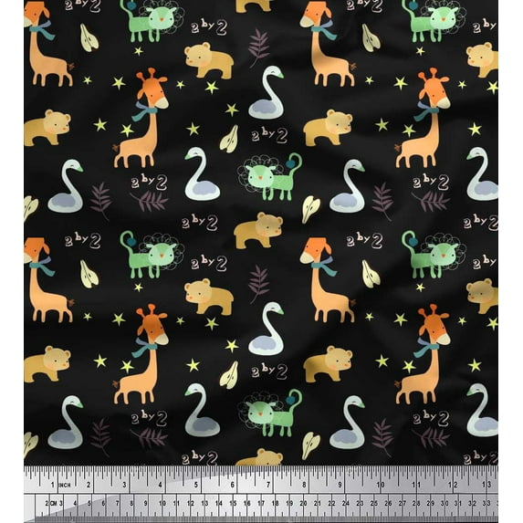 Soimoi Black polyester Crepe Fabric Leaves,Star & Cute Animals Kids Print Fabric by the Yard 42 Inch Wide