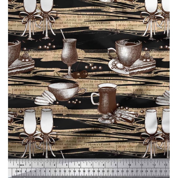 Soimoi Black polyester Crepe Fabric Wine Glass & Cup Kitchen Print Fabric by Yard 42 Inch Wide