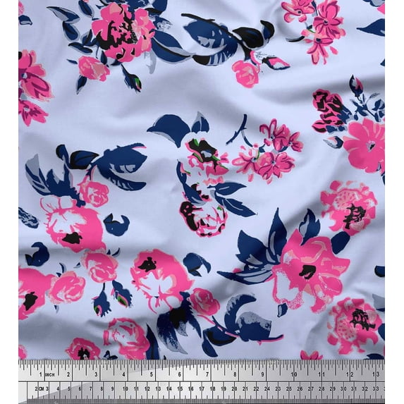Soimoi Blue Cotton Cambric Fabric Artistic Leaf & Floral Print Sewing Fabric Yard 58 Inch Wide