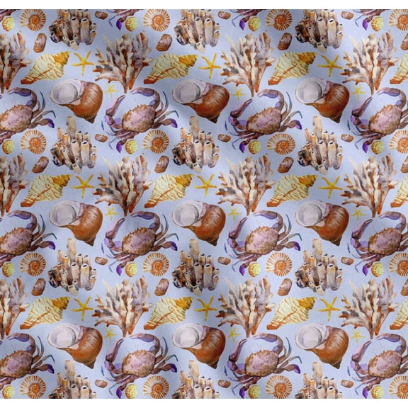 Soimoi Blue Cotton Cambric Fabric Crab,Shell & Coral Ocean Fabric Prints By Yard 42 Inch Wide