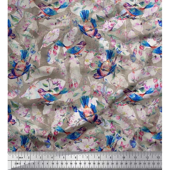 Soimoi Blue Cotton Cambric Fabric Feather & American Robin Bird Decor Fabric Printed BTY 42 Inch Wide