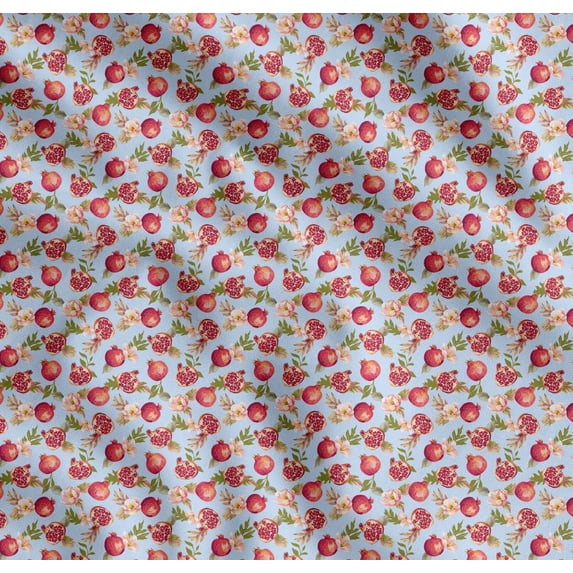Soimoi Blue Cotton Cambric Fabric Floral & Pomegranate Fruits Printed Fabric 1 Yard 42 Inch Wide