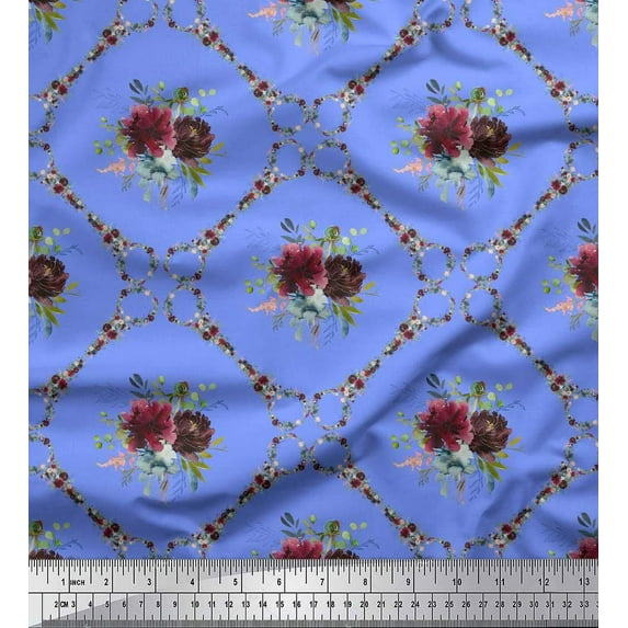 Soimoi Blue Cotton Cambric Fabric Leaves,Floral & Diamond Geometric Print Sewing Fabric BTY 42 Inch Wide