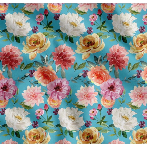 Soimoi Blue Cotton Cambric Fabric Leaves & Floral Watercolor Printed Craft Fabric by The Yard 42 Inch Wide