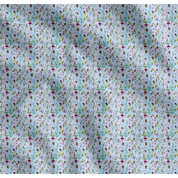Soimoi Blue Cotton Cambric Fabric Red Berries & Beech Leaves Print Fabric by the Yard 56 Inch Wide