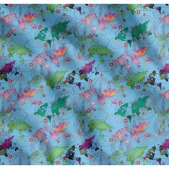 Soimoi Blue Cotton Cambric Fabric Stamp & World Map Print Fabric by the Yard 42 Inch Wide