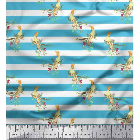 Soimoi Blue Cotton Cambric Fabric Stripe & Victoria Pigeon Bird Print Fabric by the Yard 56 Inch Wide