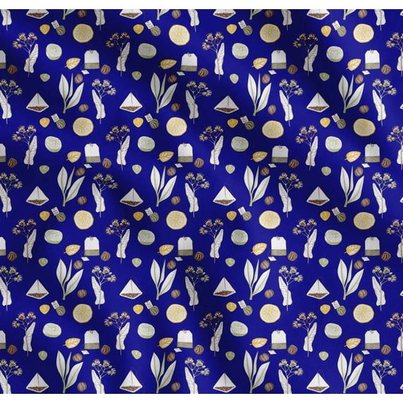 Soimoi Blue Cotton Cambric Fabric Tea Bag,Herbs & Lemon Slice Vegetable Decor Fabric Printed Yard 42 Inch Wide