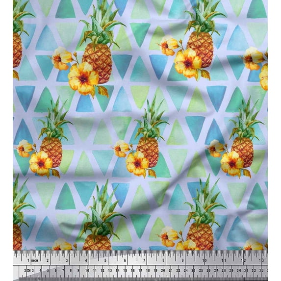 Soimoi Blue Cotton Cambric Fabric Triangle & Pine Fruits Printed Fabric 1 Yard 42 Inch Wide